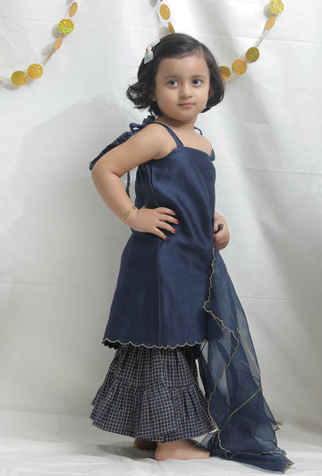 Set of 3: Blue Chanderi Kurta with Sharara with Organza Dupatta